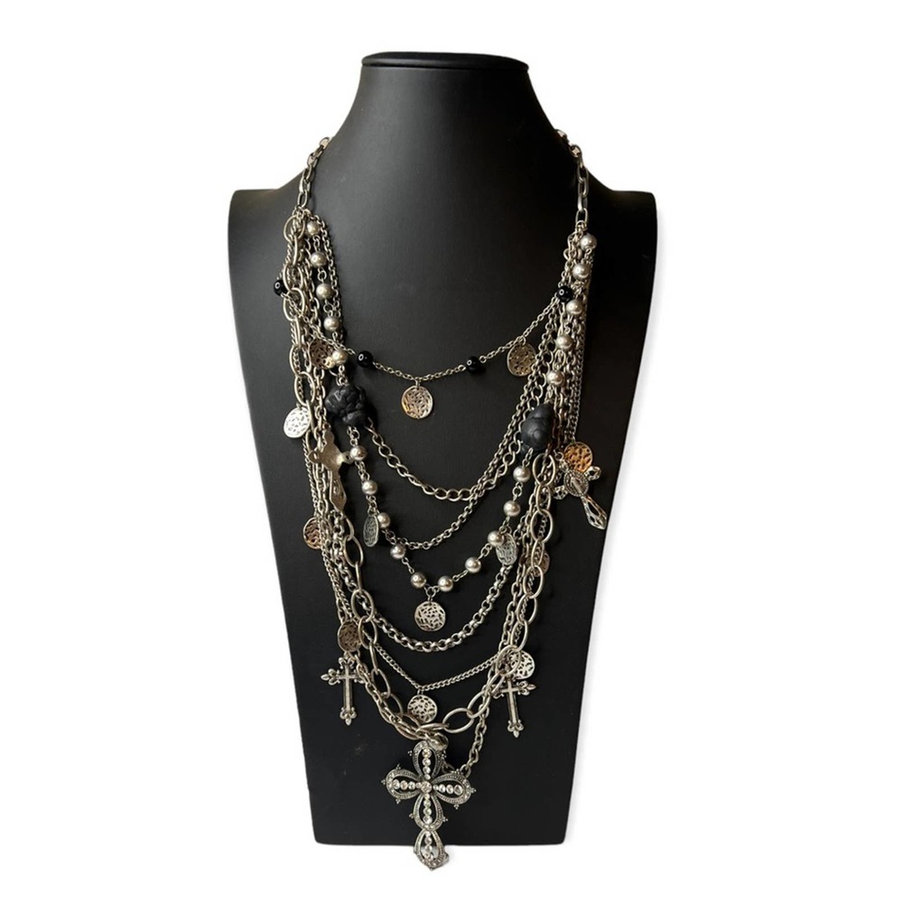 Silver Cross Layer Multi Strand Necklace